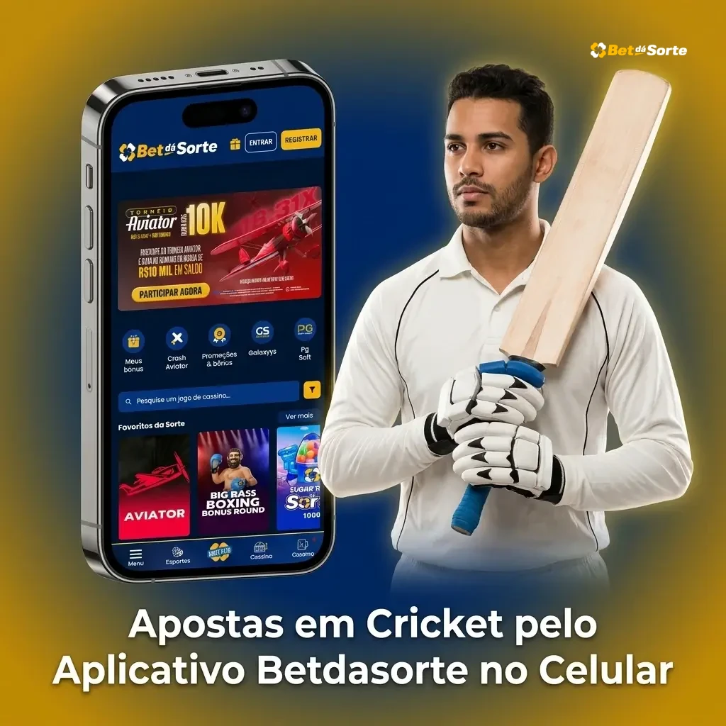 Apostas em cricket pelo app Betdasorte no celular, disponível para Android e iOS com odds em tempo real