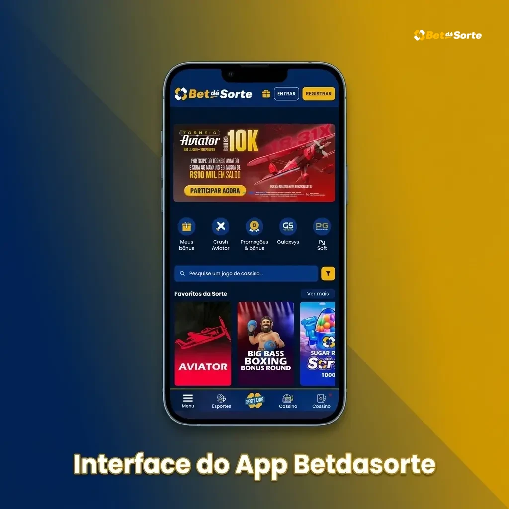 Interface do aplicativo Betdasorte no celular com navegação simples para apostas esportivas, cassino e promoções